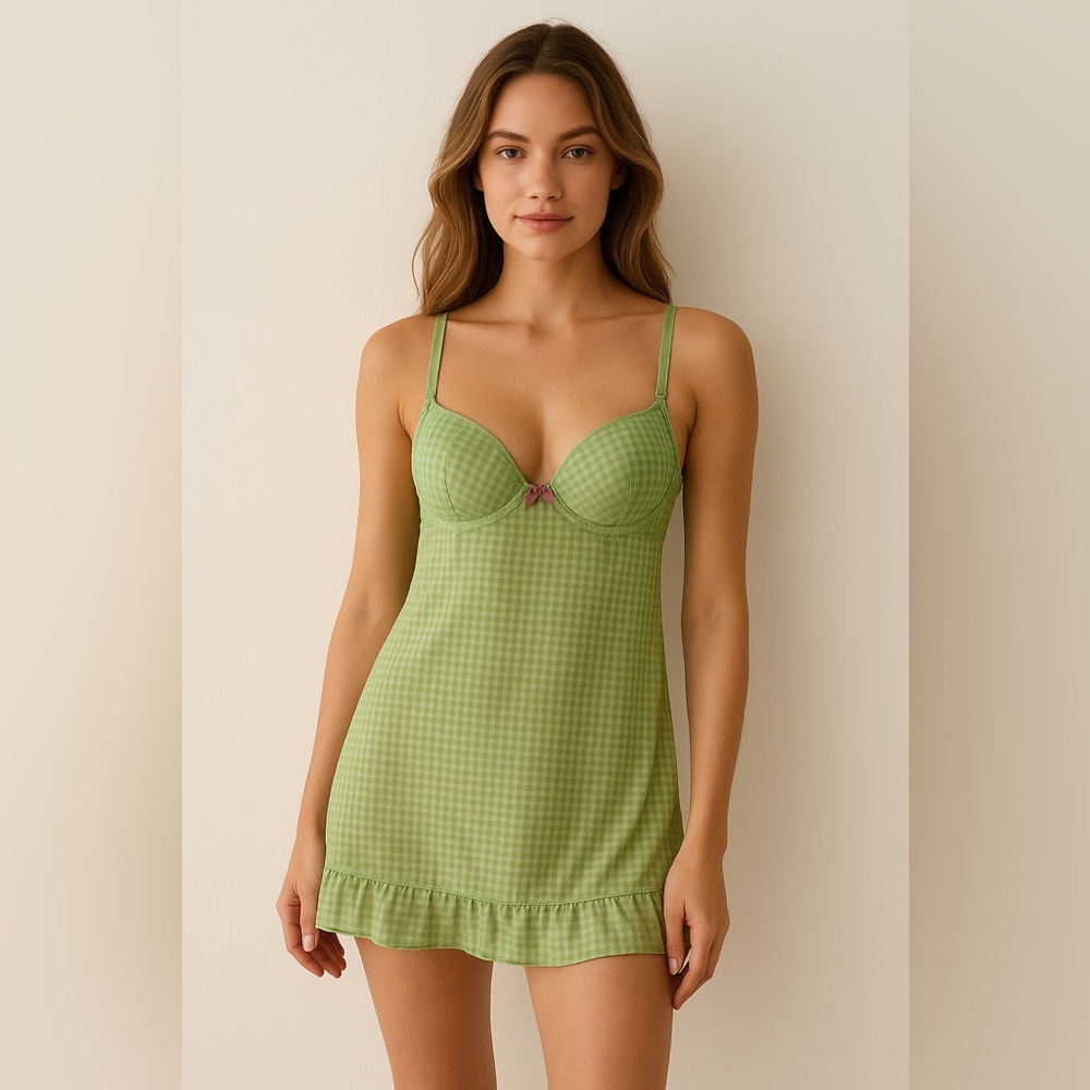 Rampage Intimates Green Gingham Babydoll Lingerie Slip Small
